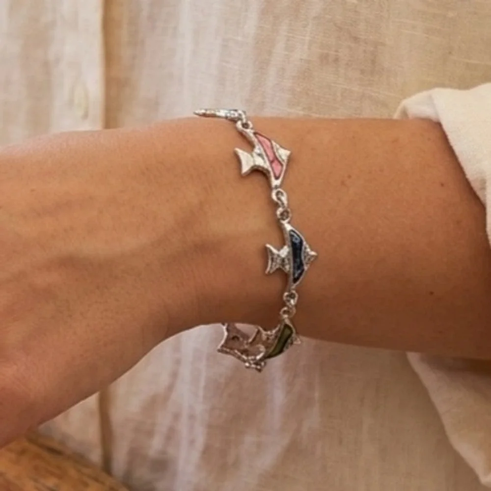 Angel Fish Bracelet Faux Abalone Shell Silver Tone Ocean Sealife Nautical Beach